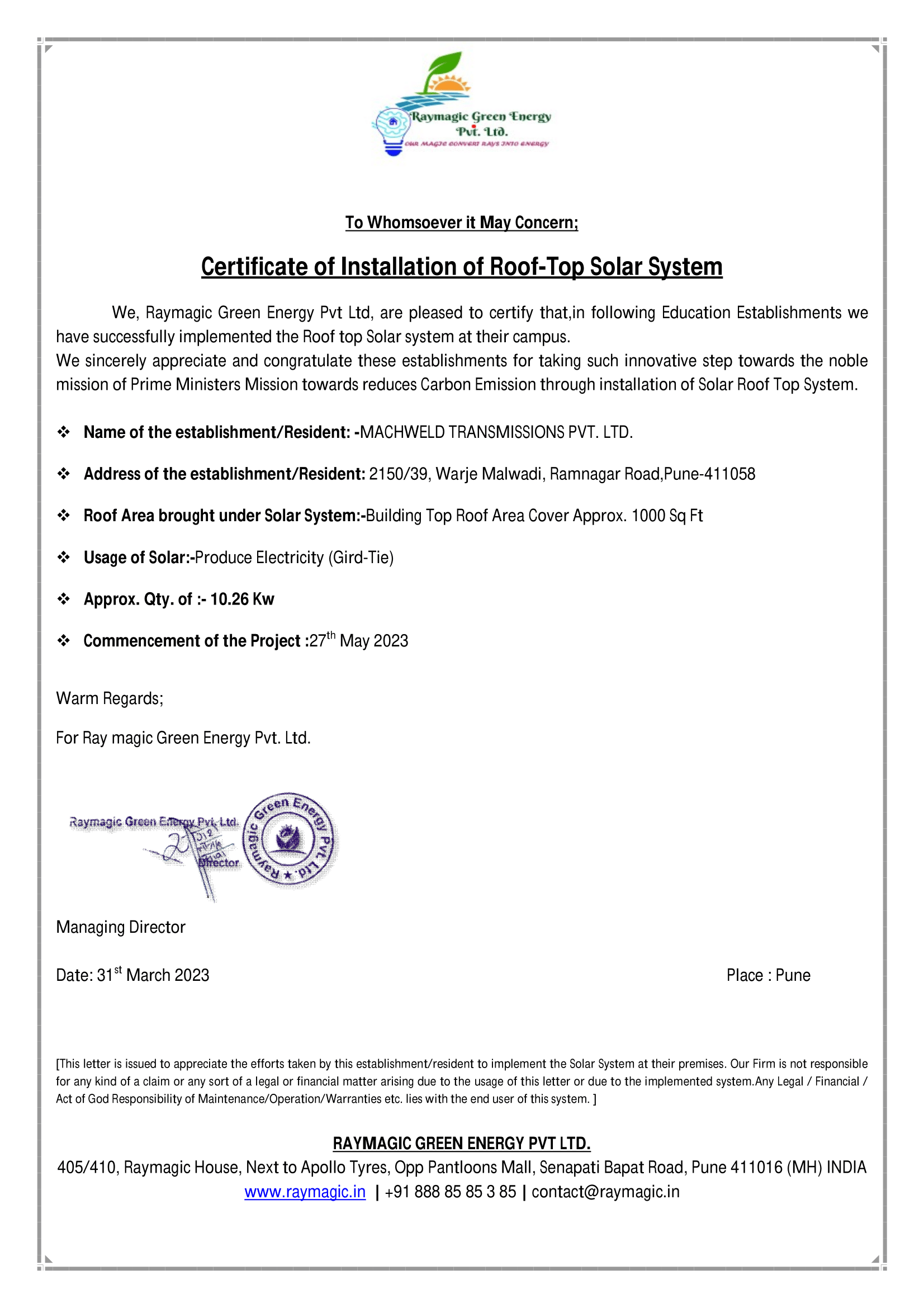 SOLAR CERTIFICATE